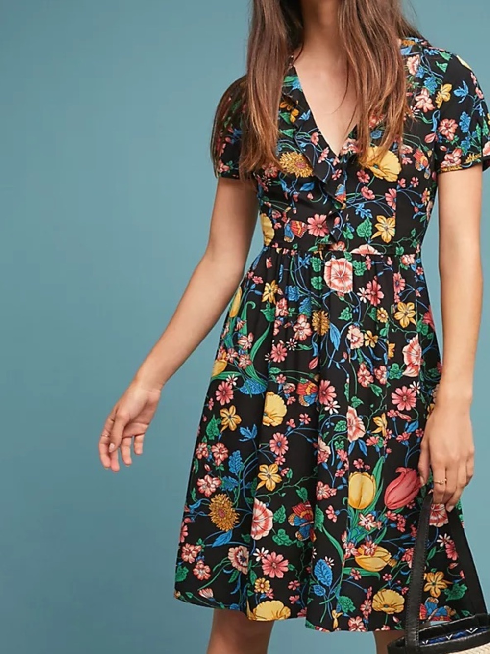 Maeve by Anthropologie Bloedel Floral Butterfly Print Ruffle Neck Dress Size 6